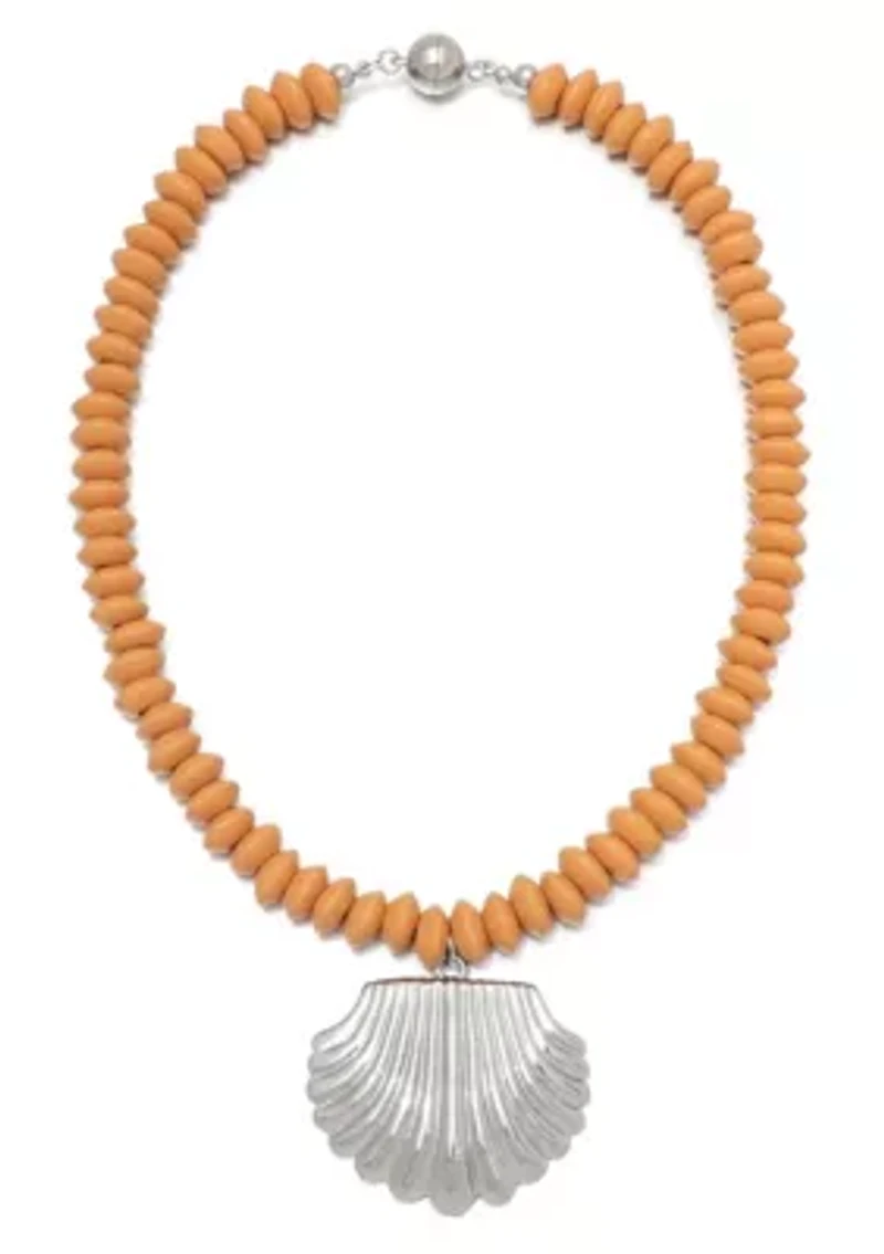 Silver Plated Oversized Shell Charm on a Wood Beaded Magnetic Clasp Chain