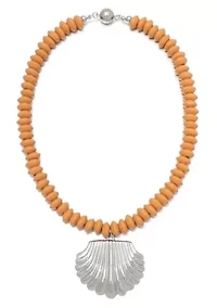 Silver Plated Oversized Shell Charm on a Wood Beaded Magnetic Clasp Chain