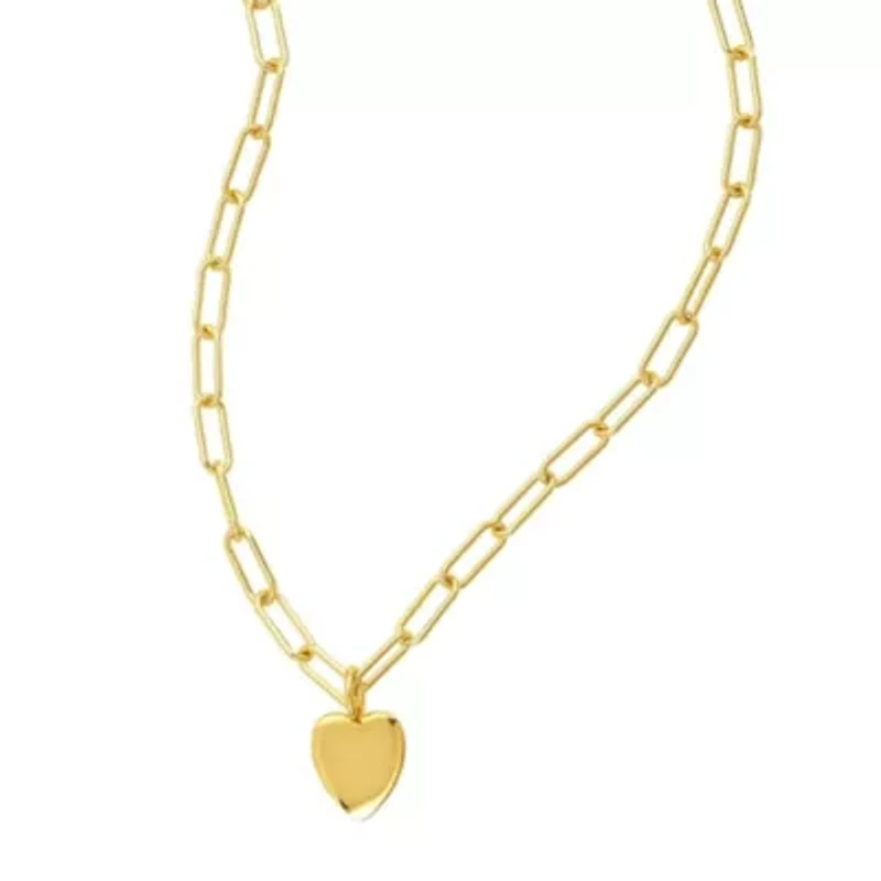 14k Gold Plated 25" Heart Charm Paper Clip Chain Necklace