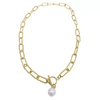 Tarnish Resistant 14k Gold Plated Paper Clip Toggle Necklace with Pearl