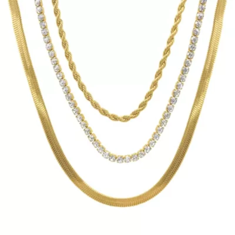 Tarnish Resistant 14k Gold Plated Herringbone Chain, Rope Chain, and Tennis Necklace Set