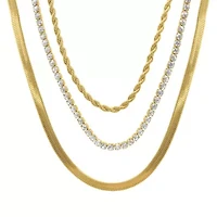 Tarnish Resistant 14k Gold Plated Herringbone Chain, Rope Chain, and Tennis Necklace Set