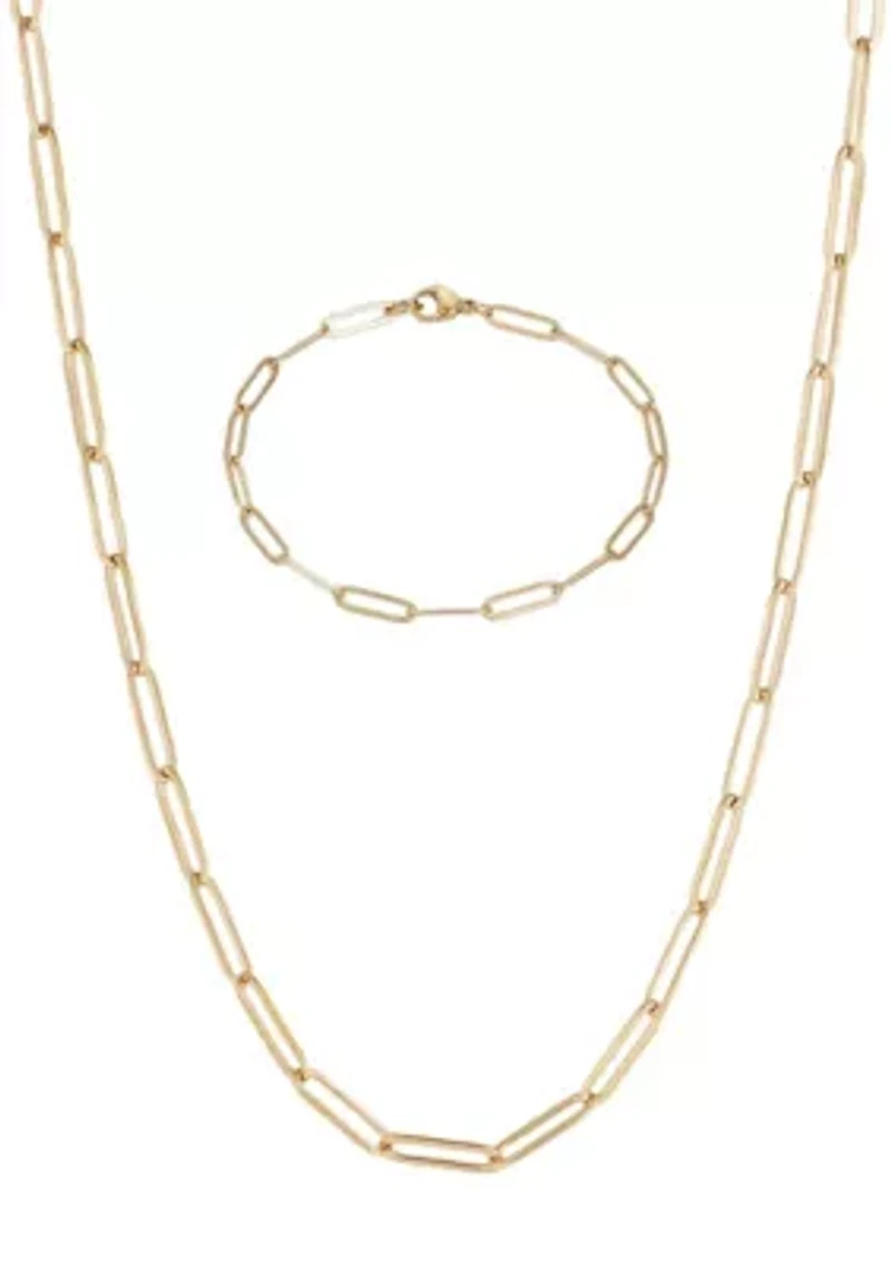Tarnish Resistant 18k Gold Plated Paperclip Bracelet and Necklace Set