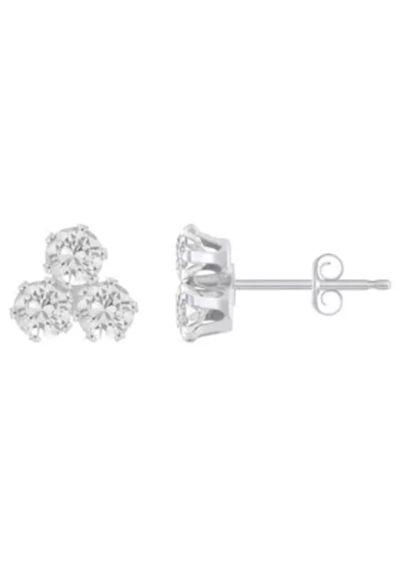 10K Gold 3mm Round Cubic Zirconia Triple Cluster Stud Earrings
