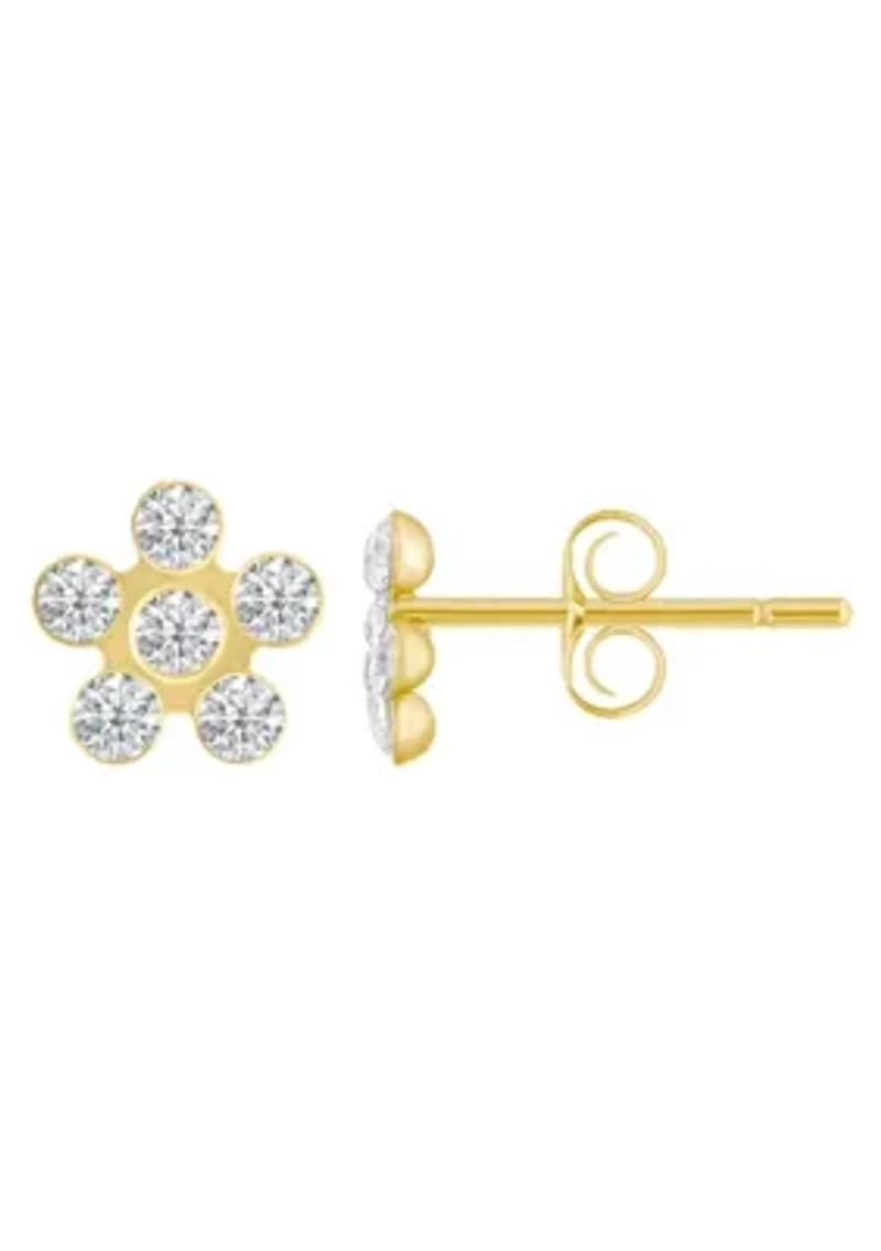 14K Yellow Gold Cubic Zirconia Flower Cluster Stud Earrings