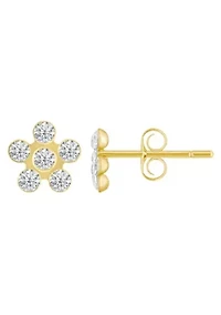 14K Yellow Gold Cubic Zirconia Flower Cluster Stud Earrings