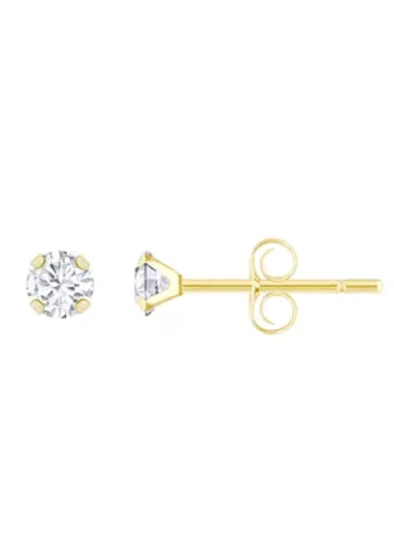14K Yellow Gold 3mm Round Cubic Zirconia Stud Earrings
