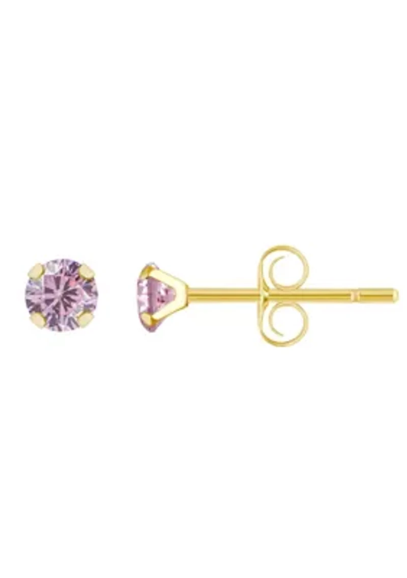14K Yellow Gold 3mm Round Pink Cubic Zirconia Stud Earrings