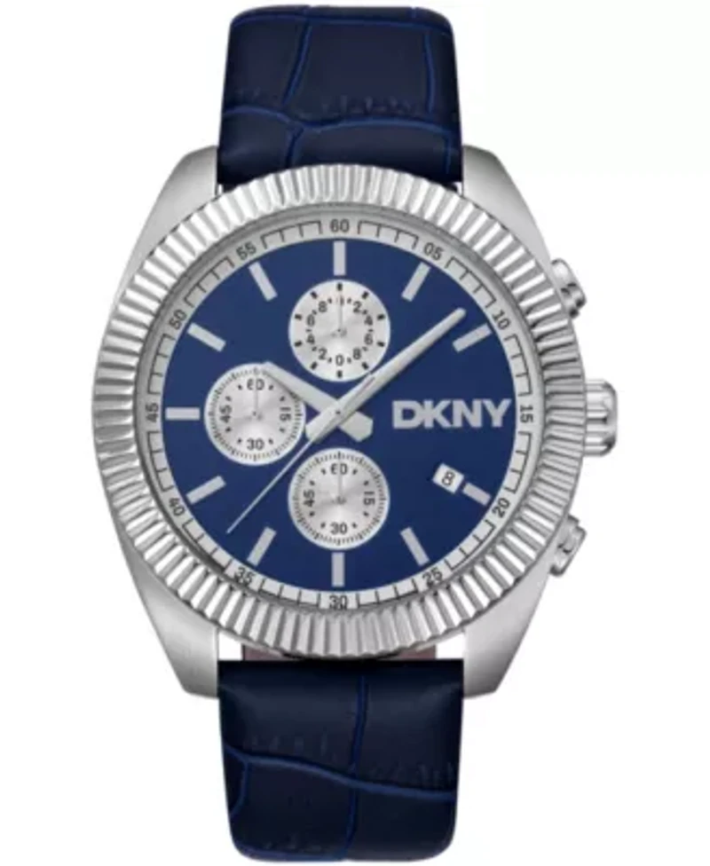 DKNY Men's Chronograph Blue Dial Blue Leather Strap Watch 42mm 100M