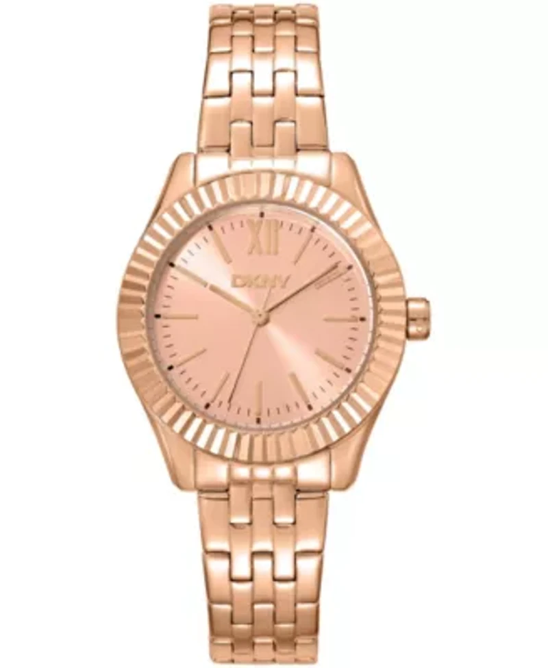 DKNY Women's Rose Gold Dial Fluted Bezel Rose-Gold Tone Stainless Steel Bracelet Watch 30mm 50M