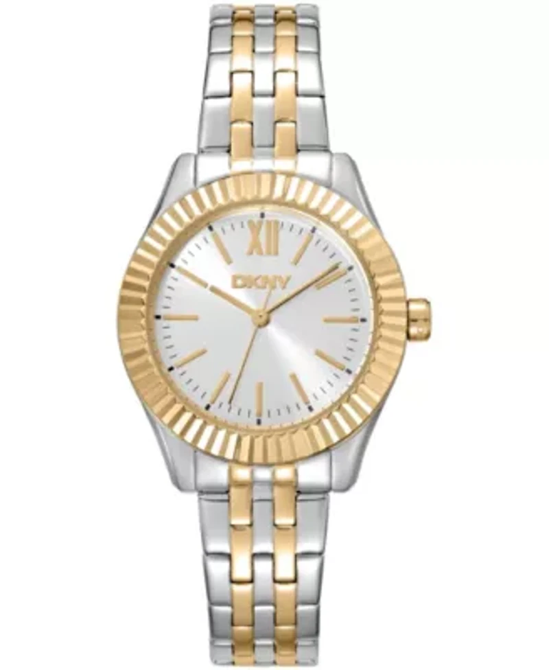 DKNY Women'sSilver Dial Fluted Bezel Two-Tone Gold Stainless Steel Bracelet Watch 30mm 50M