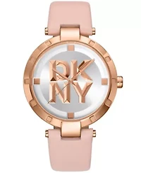 Women's Essential Logo Silver White Dial Pink Leather Strap Watch