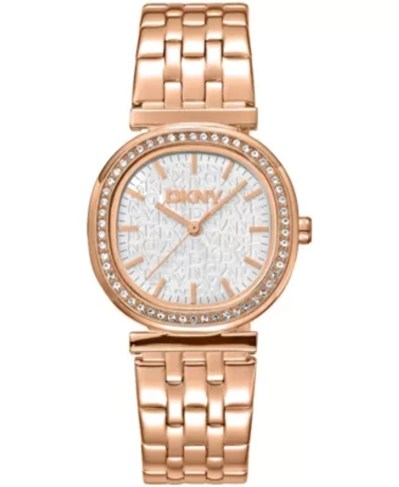 DKNY Women's Silver Dial Crystal Bezel Red-Gold Tone Stainless Steel Bracelet Watch 30mm 30M