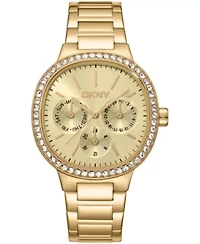 DKNY Women's Champagne Dial Crystal Bezel Gold-Tone Stainless Steel Bracelet Multifunctional Watch 36mm 30M