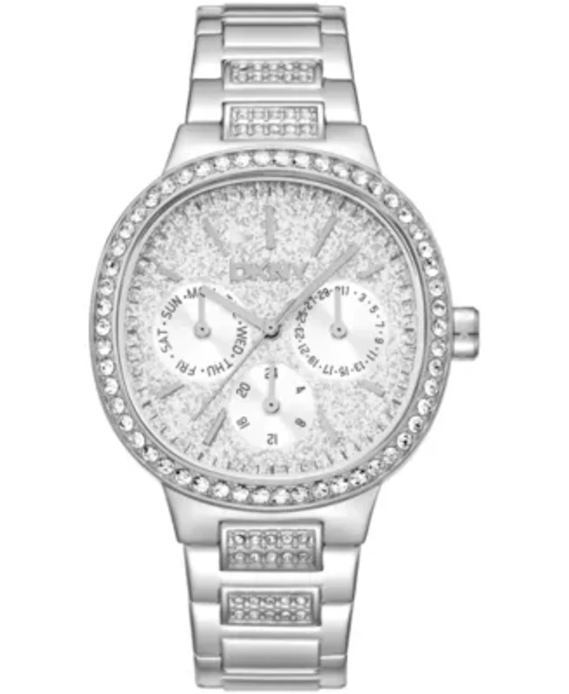 DKNY Women's Silver Crystal Covered Dial Crystal Bezel Stainless Steel Bracelet Multifunctional Watch 36mm 30M