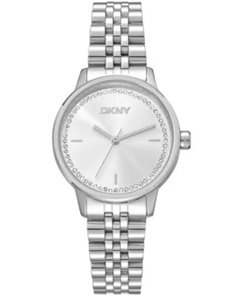 DKNY Women's Silver Crystal Accented Dial Stainless Steel Bracelet Watch 30mm 50M