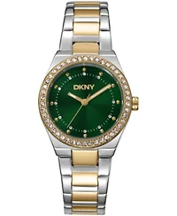 DKNY Women's Green Dial Crystal Dial Markers Crystal Bezel Two-Tone Gold Stainless Steel Bracelet Watch 30mm 50M