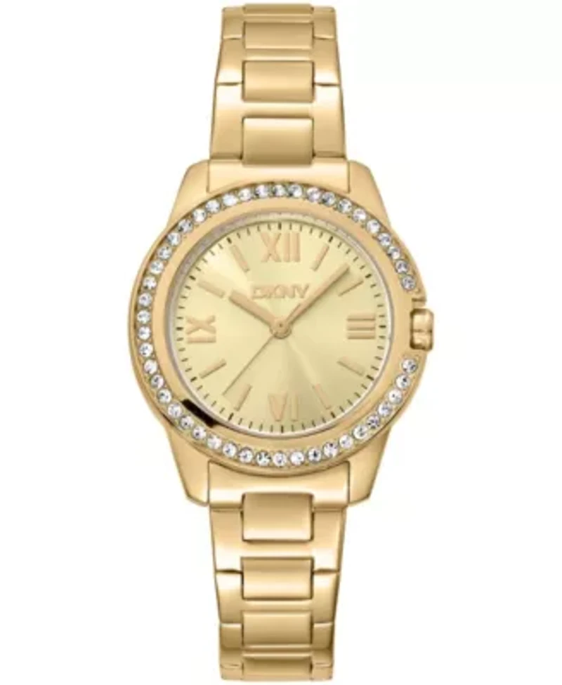 DKNY Women's Champagne Dial Crystal Bezel Gold-Tone Stainless Steel Bracelet Watch 30mm 50M