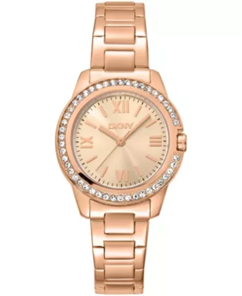 DKNY Women's Rose Gold Dial Crystal Bezel Red-Gold Tone Stainless Steel Bracelet Watch 30mm 50M