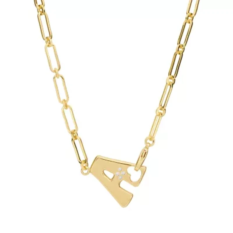 Gold Plated 18" Cubic Zirconia Initial Chunky Chain Necklace