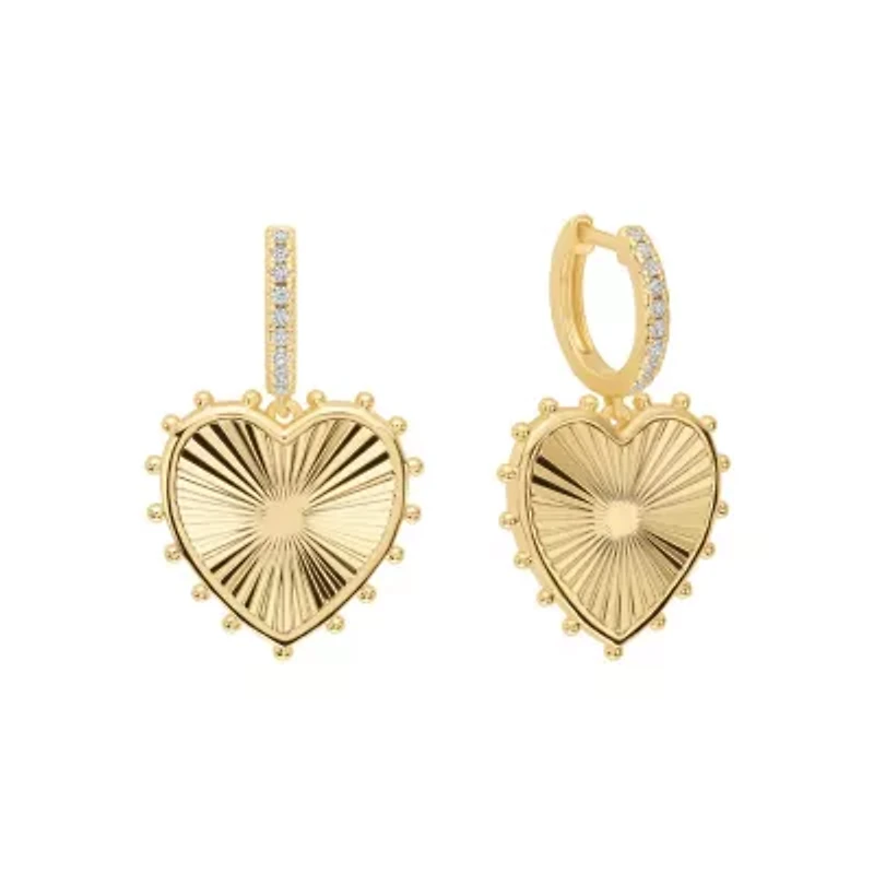 Gold Plated 1.28" Radient Beaded Heart Cubic Zirconia Huggie Hoop Earrings