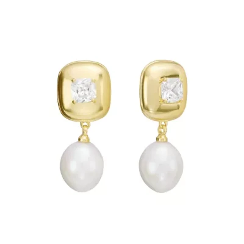 Gold Plated Fresh Water Pearl and Cubic Zirconia Drop Earrings