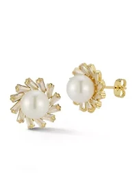 Cubic Zirconia Baguette Cut Pearl Stud Earrings