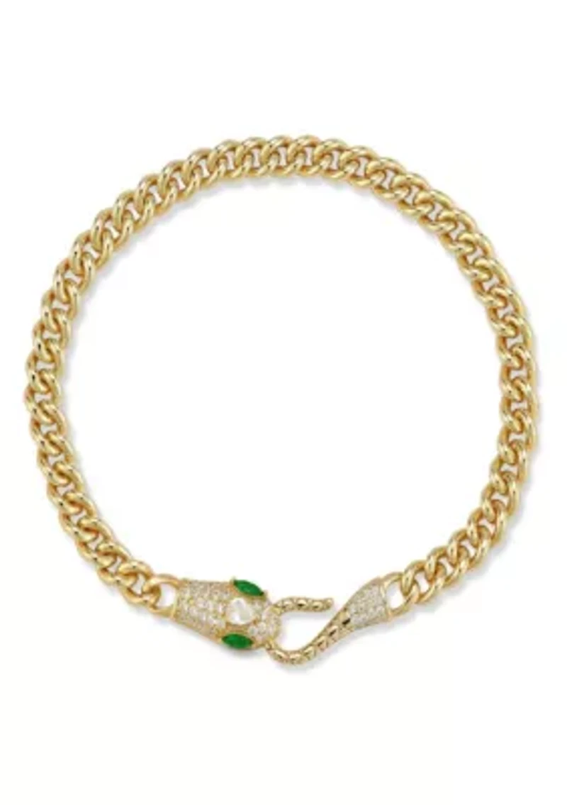 Sterling Silver Pave Cubic Zirconia Snake Head Curb Link Bracelet