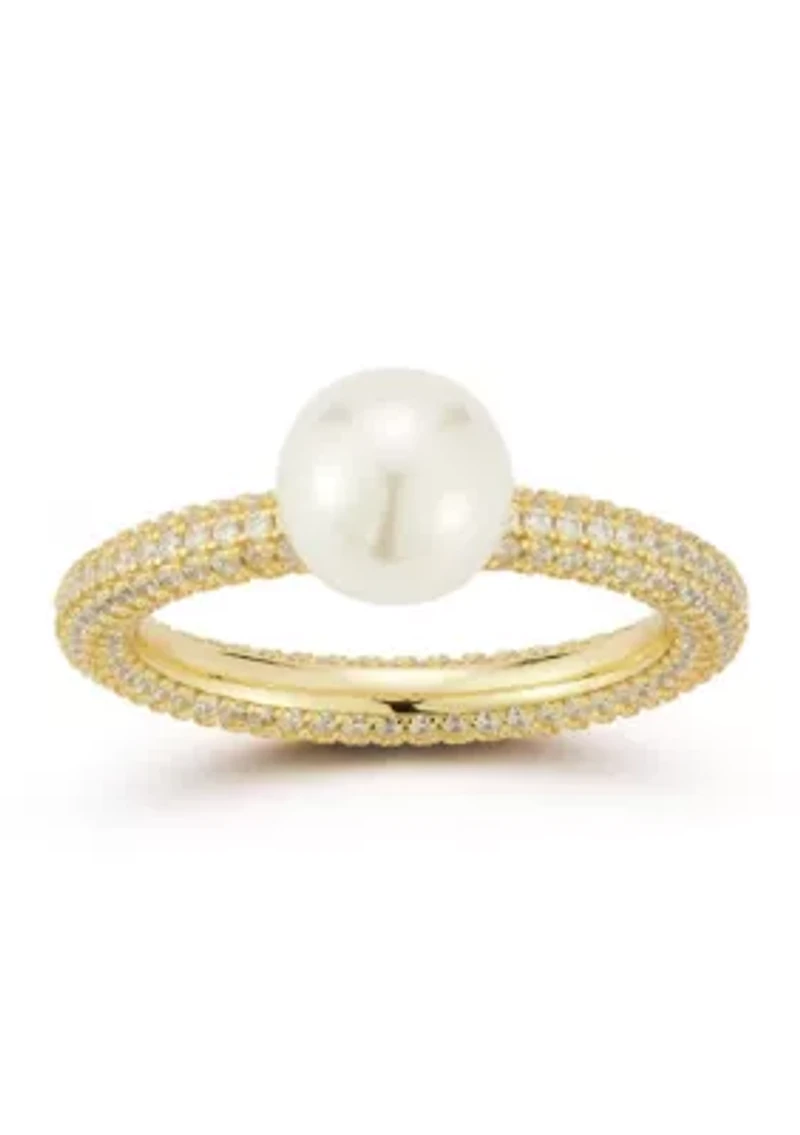 Sterling Silver Solitaire Freshwater Pearl Pave Band Ring