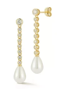 Sterling Silver Pearl Tennis Drop Earrings with Cubic Zirconia