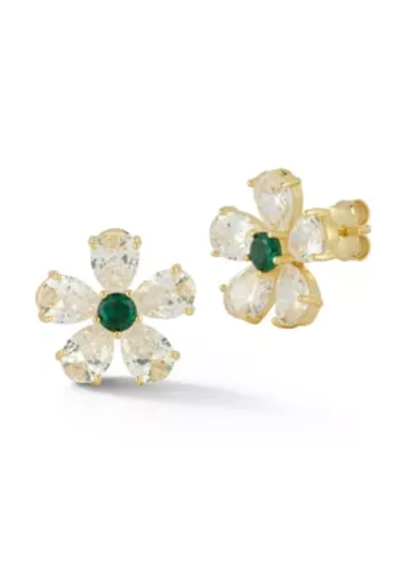 Sterling Silver Green and White Cubic Zirconia Flower Studs