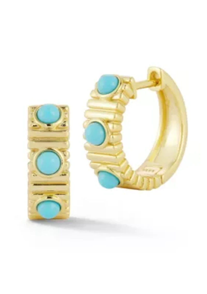 Sterling Silver Synthetic Turquoise Ribbed Huggie Hoop Earrings