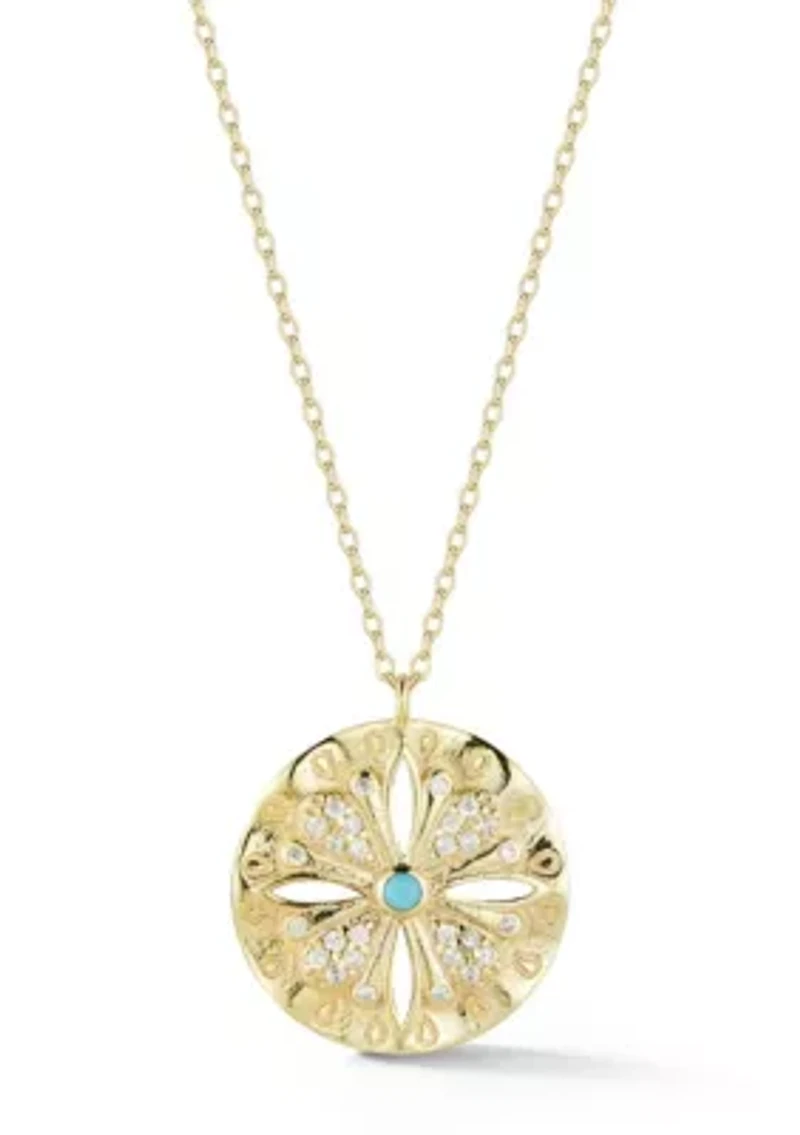 Sterling Silver Cubic Zirconia and Synthetic Turquoise Medallion Necklace