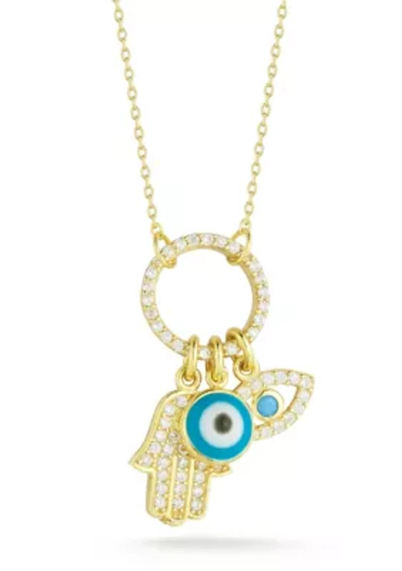 Sterling Silver CZ and Synthetic Turquoise Triple Protection Charm Necklace