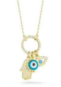 Sterling Silver CZ and Synthetic Turquoise Triple Protection Charm Necklace