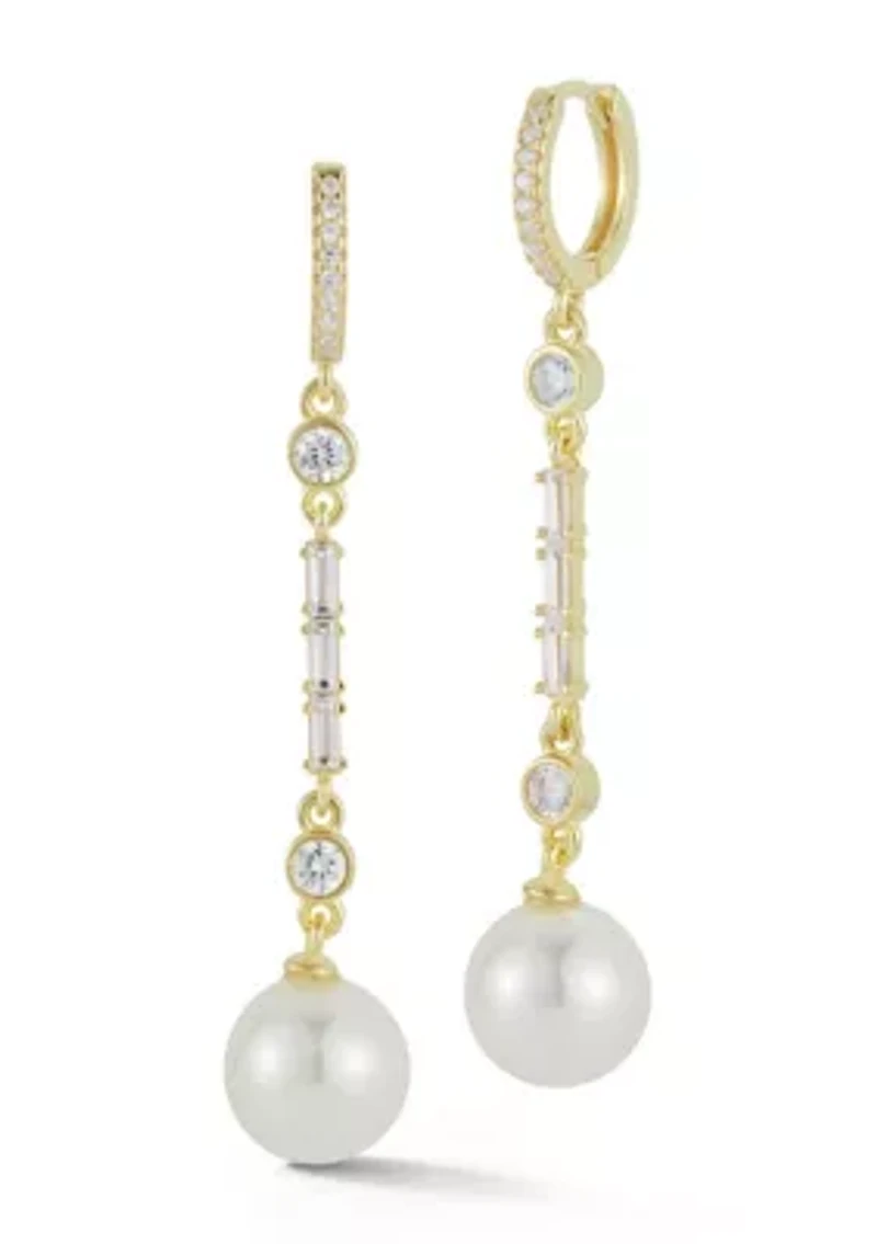 Sterling Silver Pearl and CZ Drop Huggie Hoop Earrings