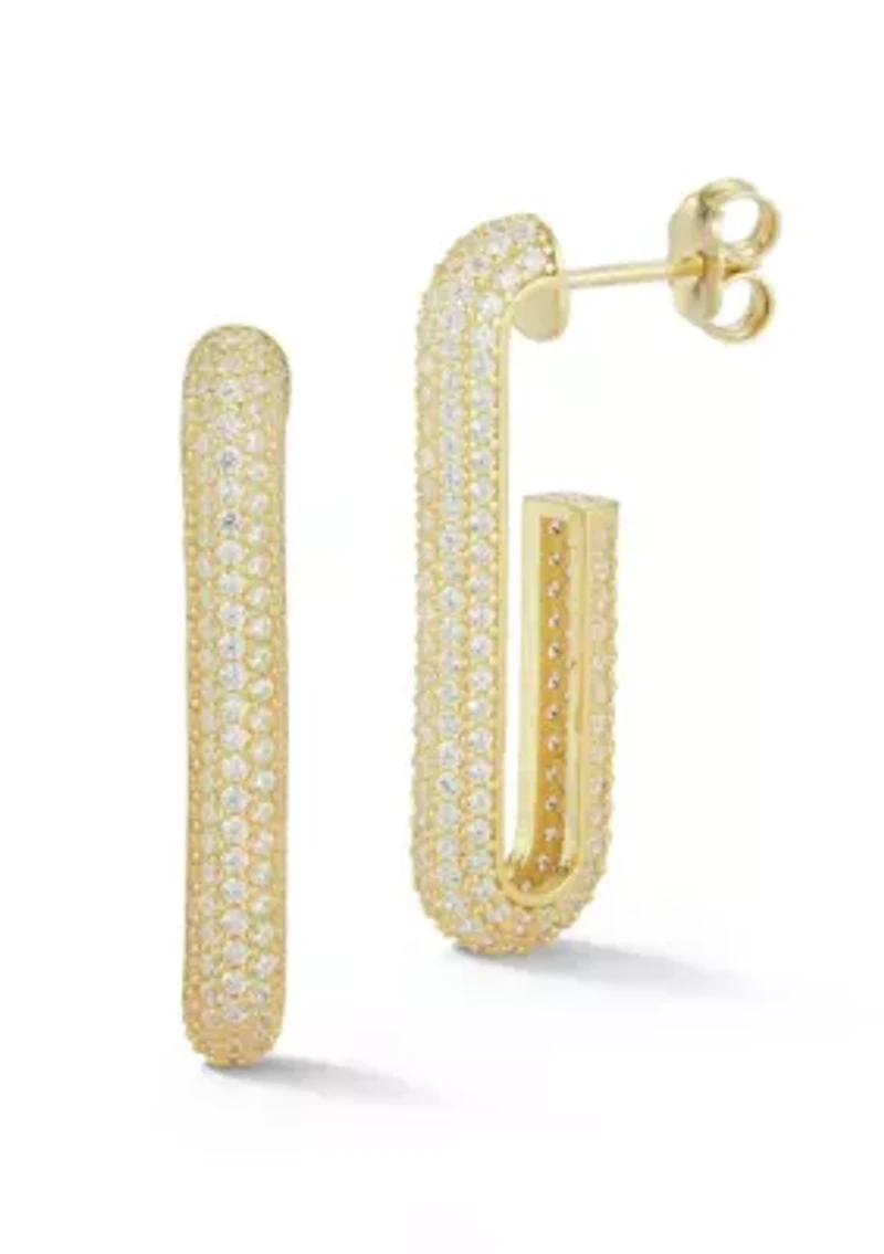 Sterling Silver Pave Elongated J Hoop Earrings