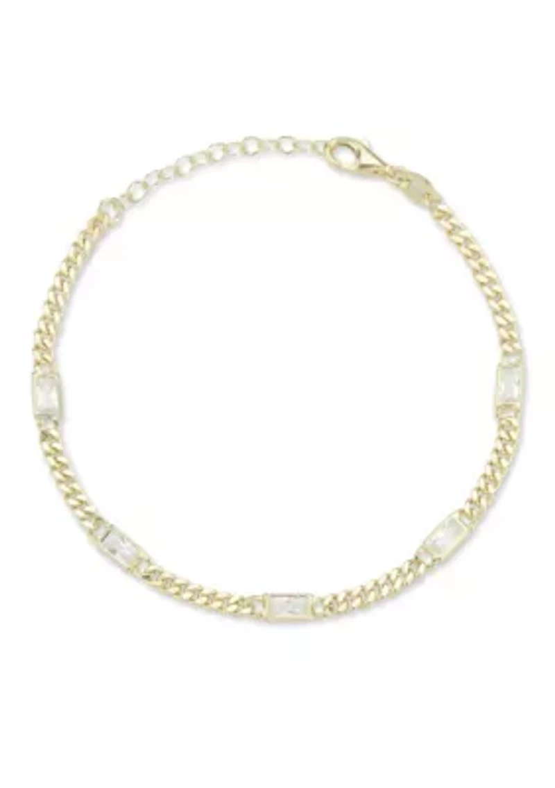 Sterling Silver Baguette Cut Cubic Zirconia Curb Chain Bracelet
