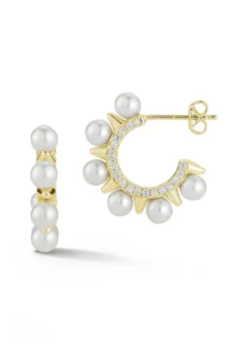 Sterling Silver Pearl and CZ Spike Hoop Earrings