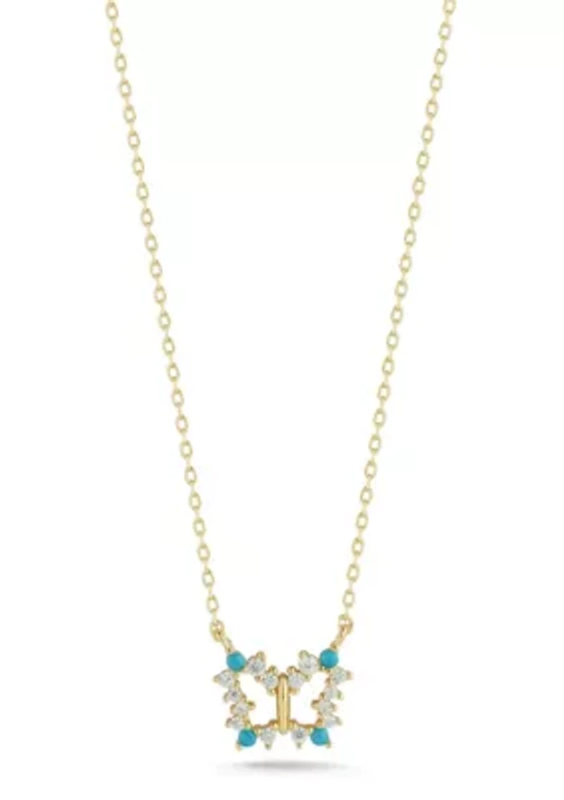 Sterling Silver CZ and Synthetic Turquoise Dainty Butterfly Pendant Necklace