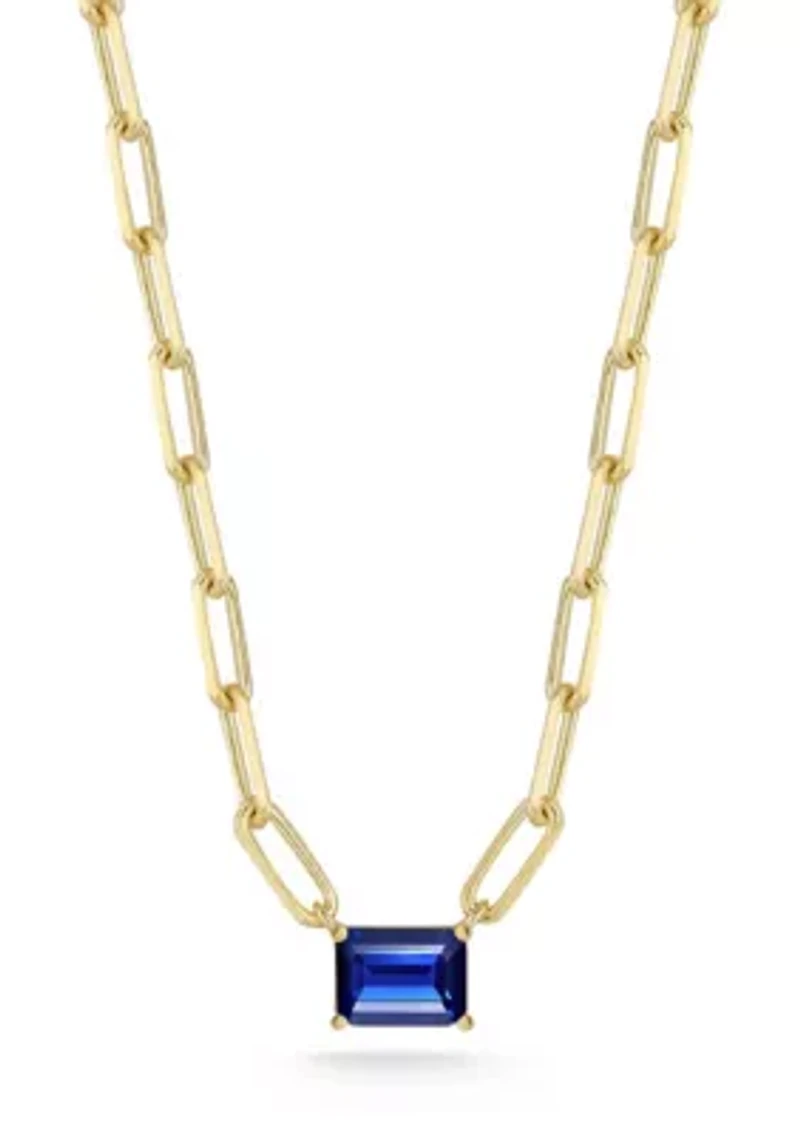 Sterling Silver Emerald Cut CZ Pendant Necklace with Paperclip Chain