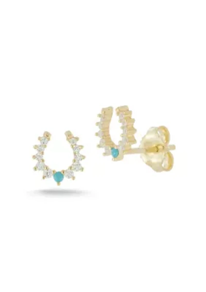 Sterling Silver CZ and Synthetic Turquoise Dainty Horseshoe Stud Earrings