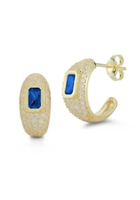 Sterling Silver Pave Emerald Cut Hoop Earrings