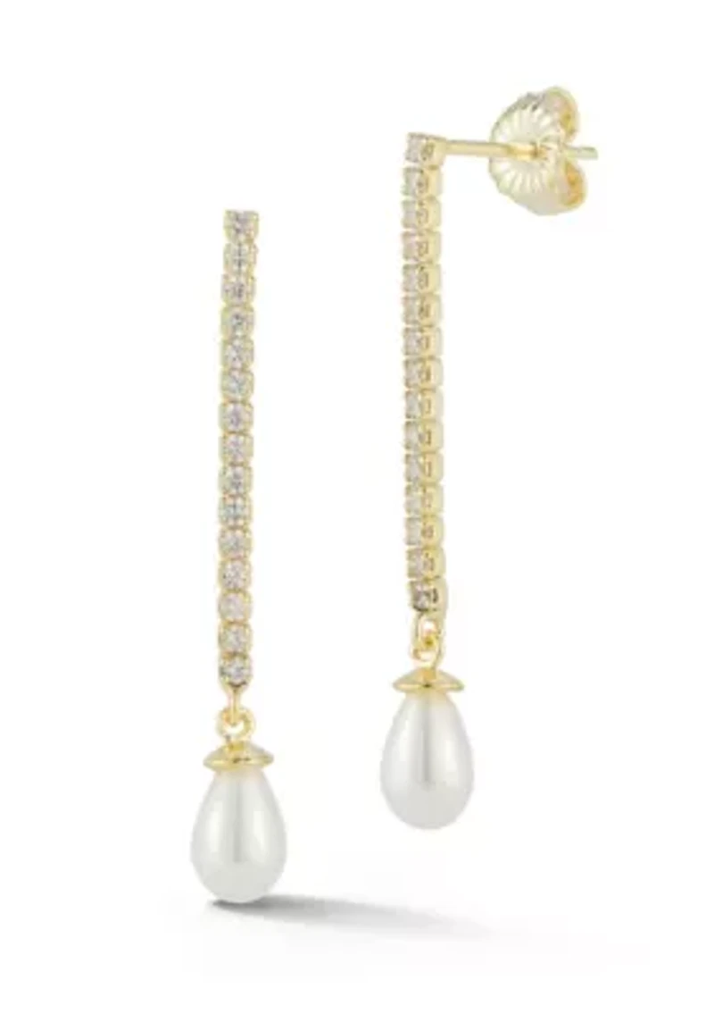 Sterling Silver Pearl and CZ Tennis Drop Earrings