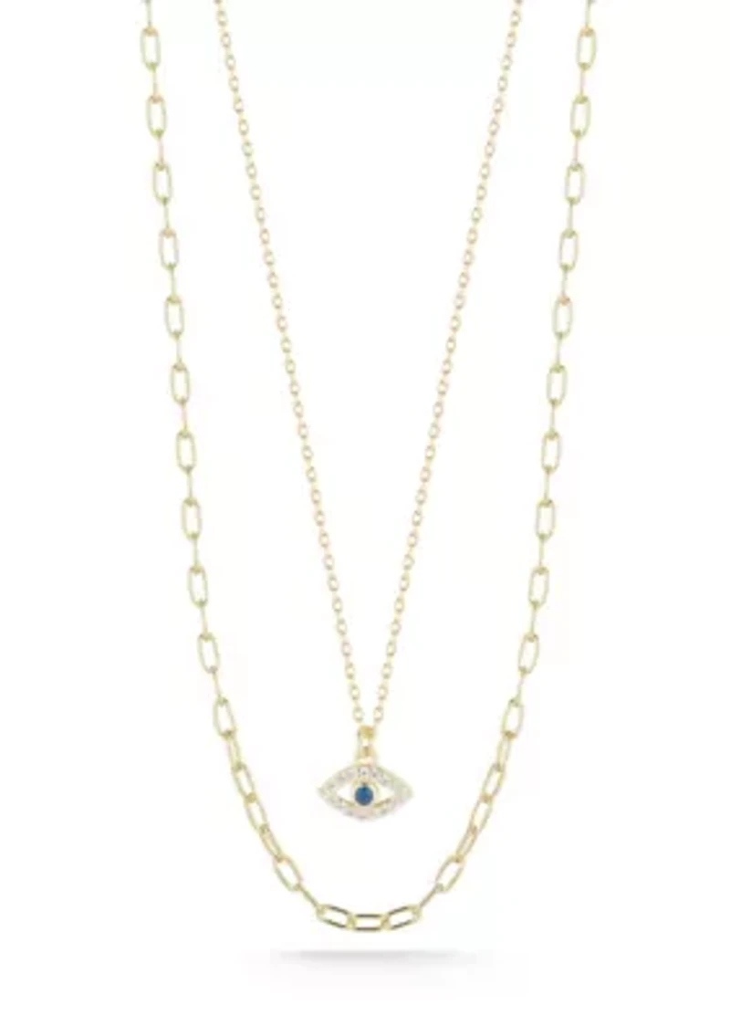 Sterling Silver CZ Double Layer Eye Pendant Necklace