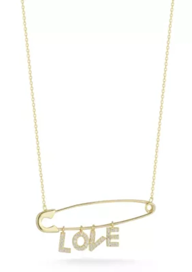 Sterling Silver CZ "Love" Safety Pin Pendant Necklace