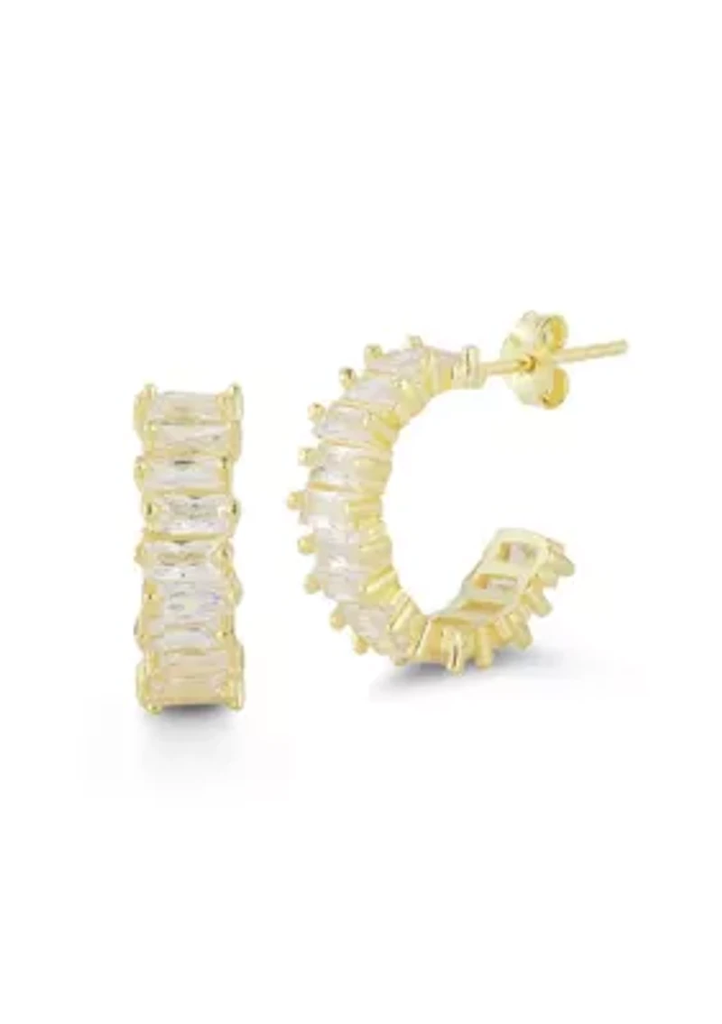 Sterling Silver Baguette Cut CZ C Hoop Earrings