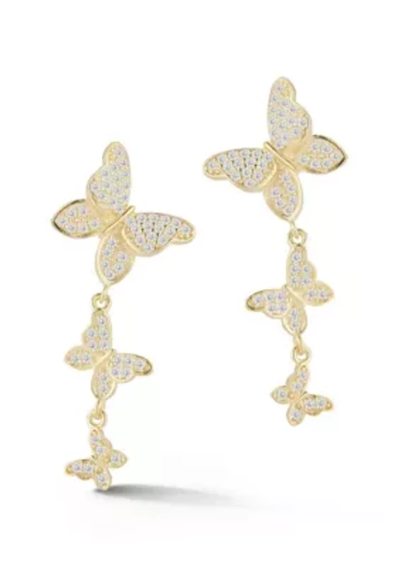 Sterling Silver Pave Triple Butterfly Drop Earrings