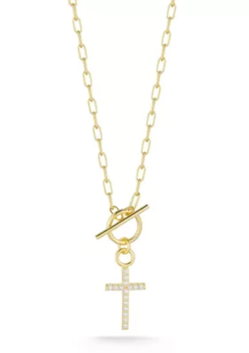 Sterling Silver CZ Cross Toggle Necklace with Paperclip Chain