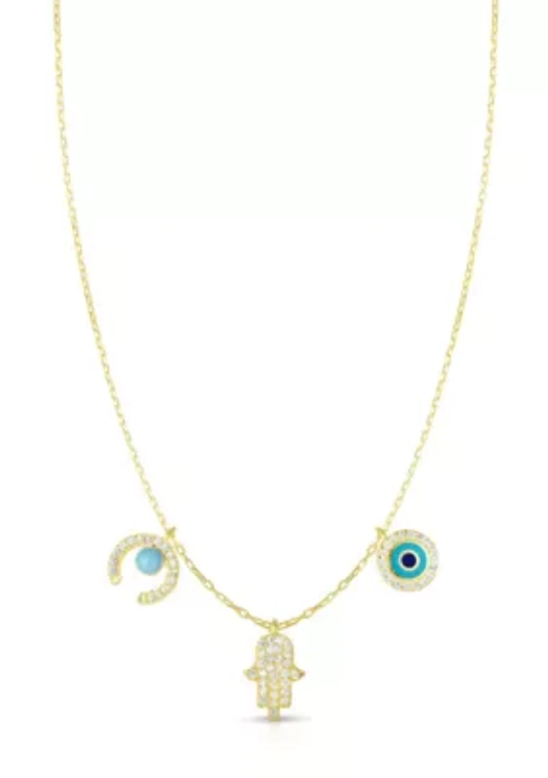 Sterling Silver Synthetic Turquoise and CZ Triple Protection Charm Necklace